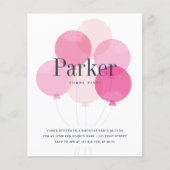 Papier Invitation de fête d'anniversaire rose ballon budg (Devant)