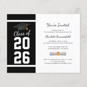 Papier Invitation de fête de fin d'études 2026 noir et bl