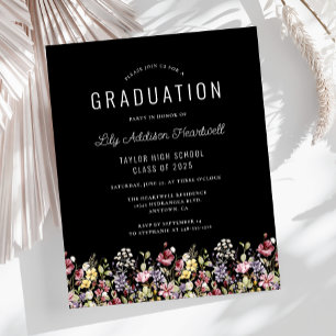 Papier Invitation de fête de fin d'études noire de fleurs