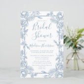 Papier Invitation de Fête de Mariage Florale Bleu Poussié (Debout devant)