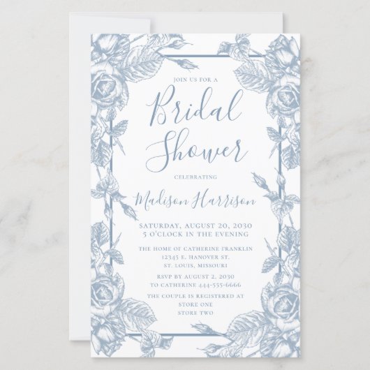 Papier Invitation de Fête de Mariage Florale Bleu Poussié (Devant)