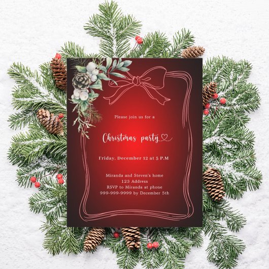 Papier Invitation de fête de Noël au pin à ruban rouge