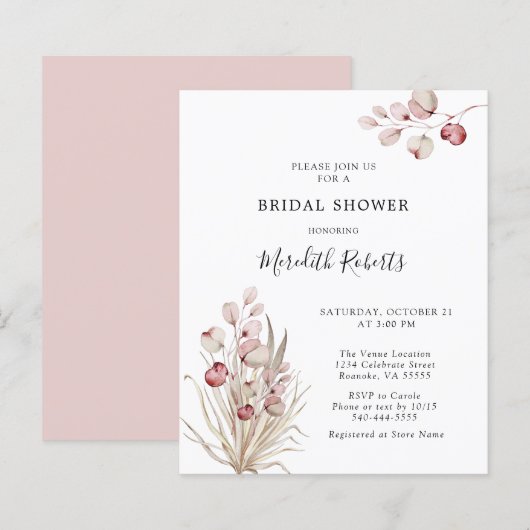 Papier Invitation de Fête des mariées Budget Pink Eucalyp (Devant / Derrière)