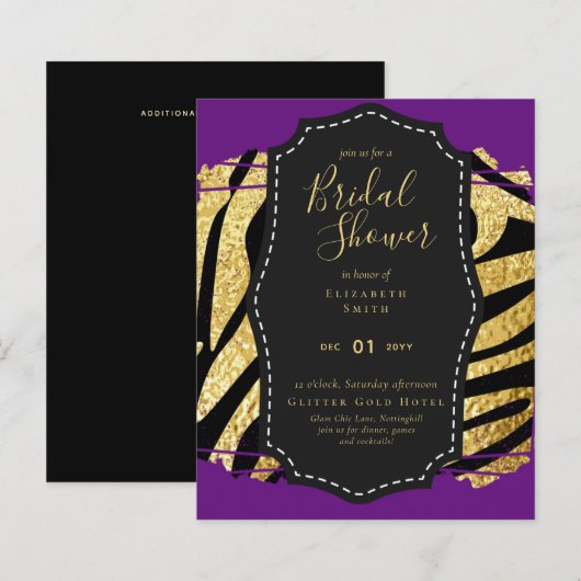 Papier Invitation de Fête des mariées de Glam Gold Purple (Devant / Derrière)
