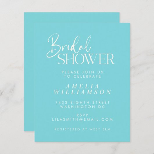 Papier Invitation de Fête des mariées de script Aqua mini (Devant / Derrière)