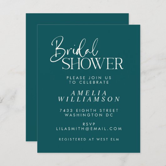 Papier Invitation de Fête des mariées de script Emerald m (Devant / Derrière)