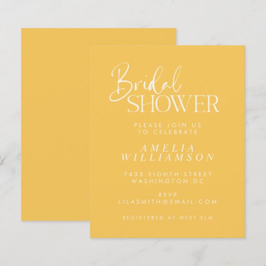 Papier Invitation de Fête des mariées de script jaune min (Devant / Derrière)