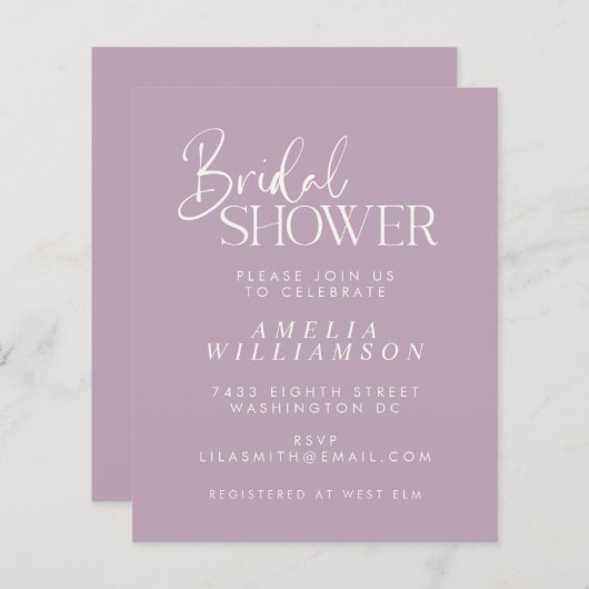 Papier Invitation de Fête des mariées de script Lilac min (Devant / Derrière)