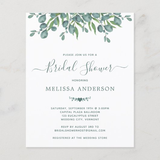 Papier Invitation de Fête des mariées Eucalyptus Budget (Devant)