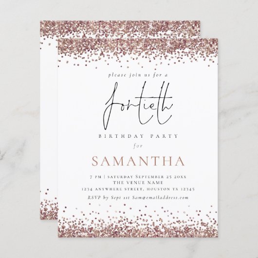 Papier Invitation de fête pour 40 ans pailletée rose gold (Devant / Derrière)