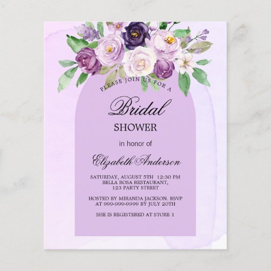 Papier Invitation de fleurs violette de douche nuptiale (Devant)