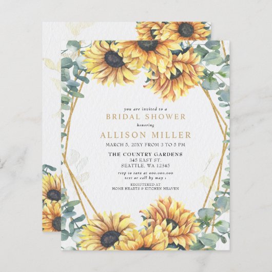Papier Invitation de la nuptiale Sunflower Gold Budget (Devant / Derrière)