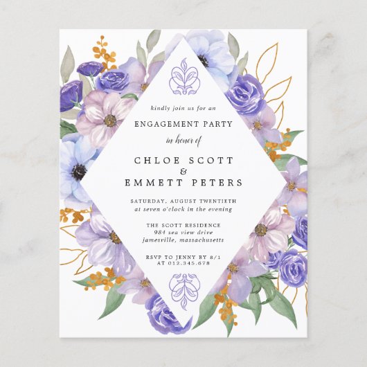 Papier Invitation de la partie d'engagement floral violet (Devant)