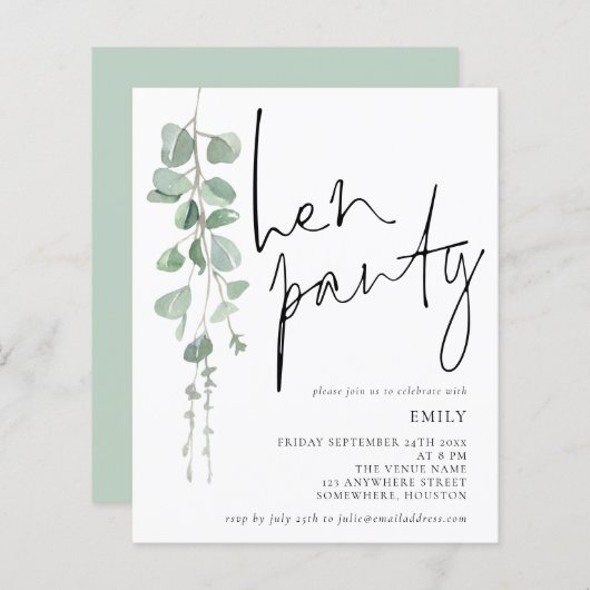 Papier Invitation de la partie Eucalyptus Hen Script Budg (Devant / Derrière)