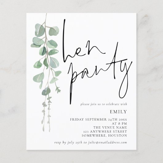 Papier Invitation de la partie Eucalyptus Hen Script Budg (Devant)