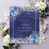 Papier Invitation de mariage 25 ans bleu floral argent
