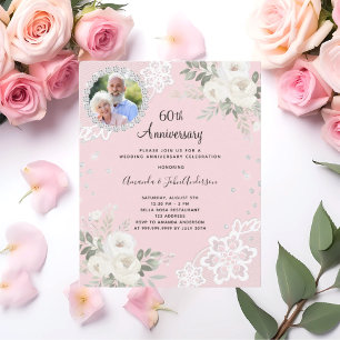 Papier Invitation de mariage 60 ans diamants roses florau