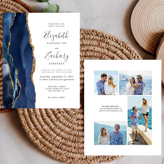 Papier Invitation de mariage à 4 photos avec agate dorée
