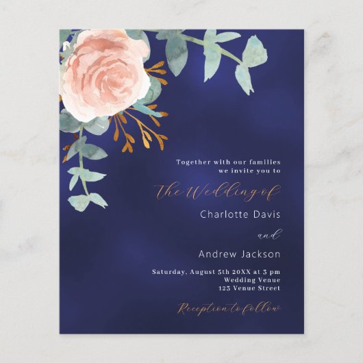 Papier Invitation de mariage à budget rose or bleu QR RSV (Devant)
