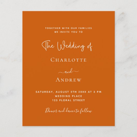 Papier Invitation de mariage à budget script orange brûlé (Devant)