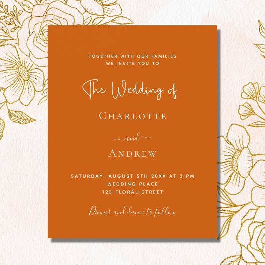 Papier Invitation de mariage à budget script orange brûlé
