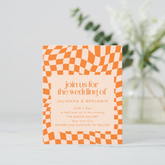 Papier Invitation de mariage à code QR à carreaux orange (Debout devant)