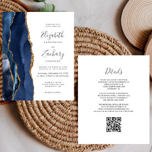 Papier Invitation de mariage à code QR agate dorée bleu m