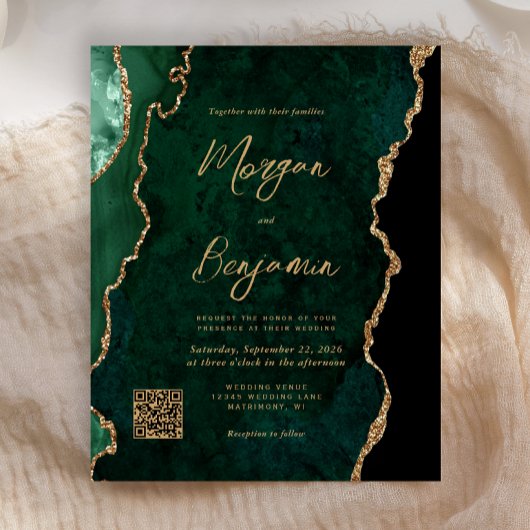 Papier Invitation de mariage à code QR Agate Vert Émeraud