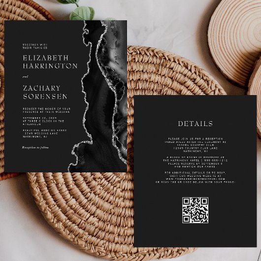 Papier Invitation de mariage à code QR argent Agate noir 