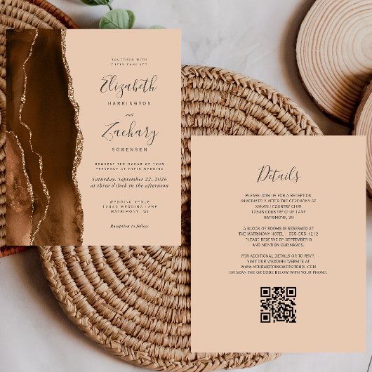 Papier Invitation de mariage à code QR Budget Brun Or Aga