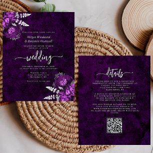 Papier Invitation de mariage à code QR floral argenté Bud