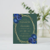 Papier Invitation de mariage à code QR floral bleu royal (Debout devant)
