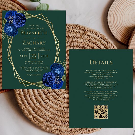 Papier Invitation de mariage à code QR floral bleu royal