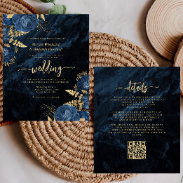 Papier Invitation de mariage à code QR floral Navy Gold à