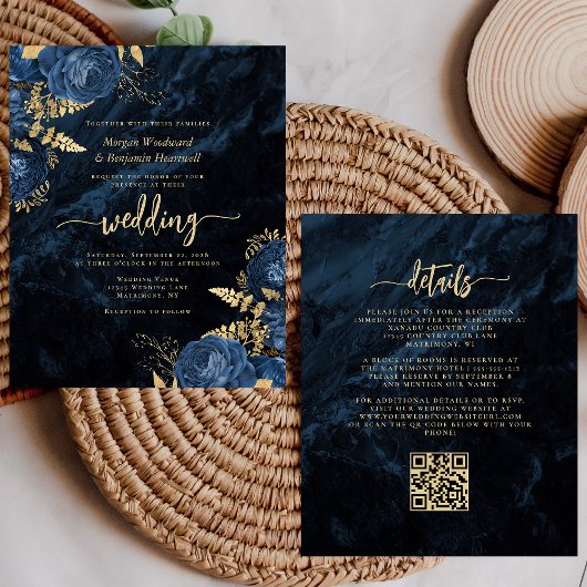 Papier Invitation de mariage à code QR floral Navy Gold à