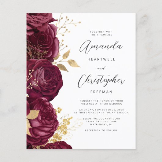 Papier Invitation de mariage à code QR floral or Bourgogn (Devant)