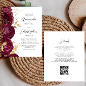 Papier Invitation de mariage à code QR floral or Bourgogn