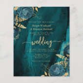 Papier Invitation de mariage à code QR floral sarcelle or (Devant)