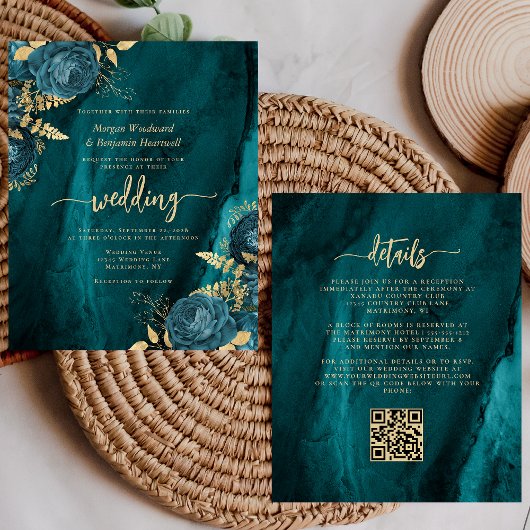 Papier Invitation de mariage à code QR floral sarcelle or