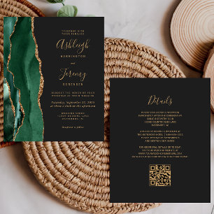 Papier Invitation de mariage à code QR Or Vert Émeraude B