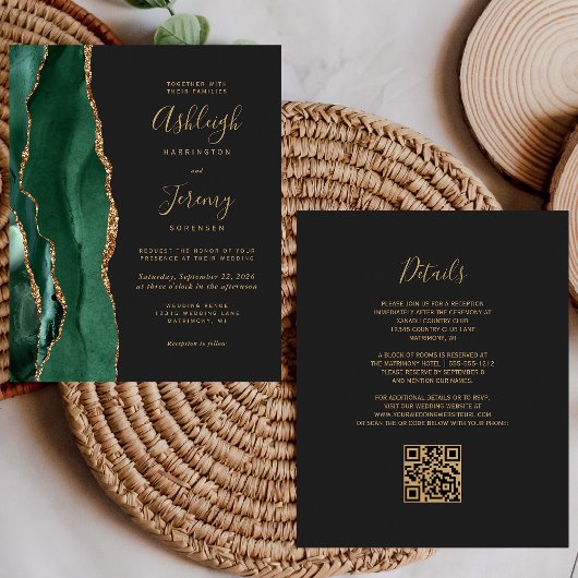 Papier Invitation de mariage à code QR Or Vert Émeraude B