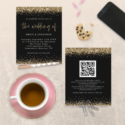 Papier Invitation de mariage à code QR pailleté noir budg