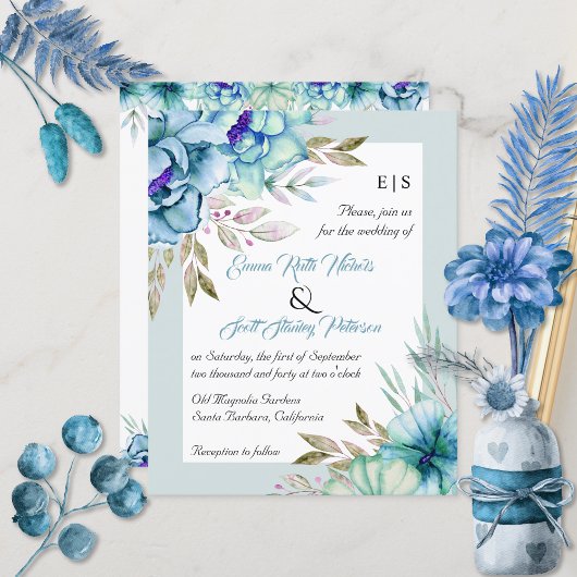Papier Invitation de mariage à fleurs bleues BUDGET vert 