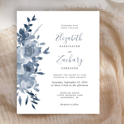 Papier Invitation de mariage à l'aquarelle florale bleue