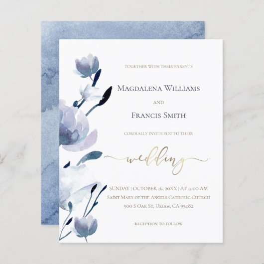 Papier invitation de mariage abordable avec fleurs bleues (Devant / Derrière)