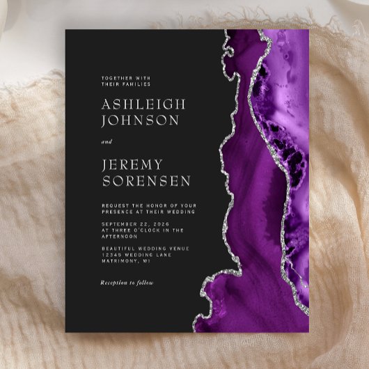 Papier Invitation de mariage argent et agate violette à p