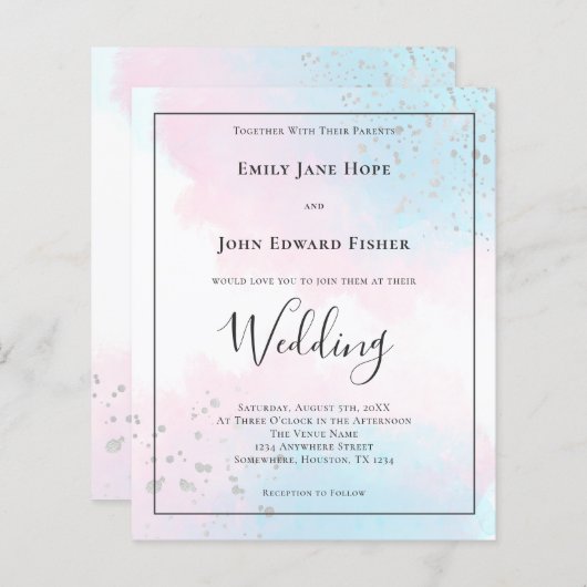 Papier Invitation de mariage argenté rose Turquoise Budge (Devant / Derrière)