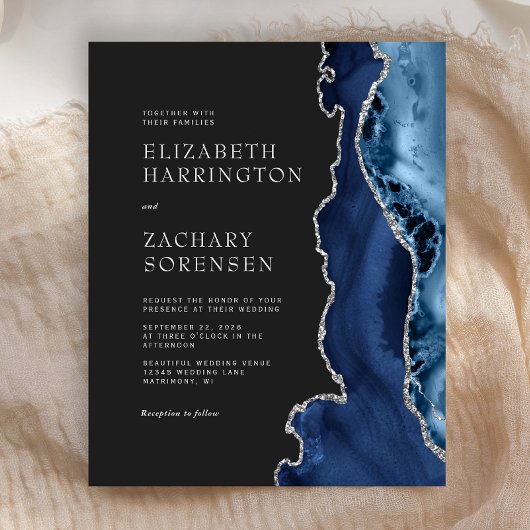 Papier Invitation de mariage argentée avec agate bleu mar