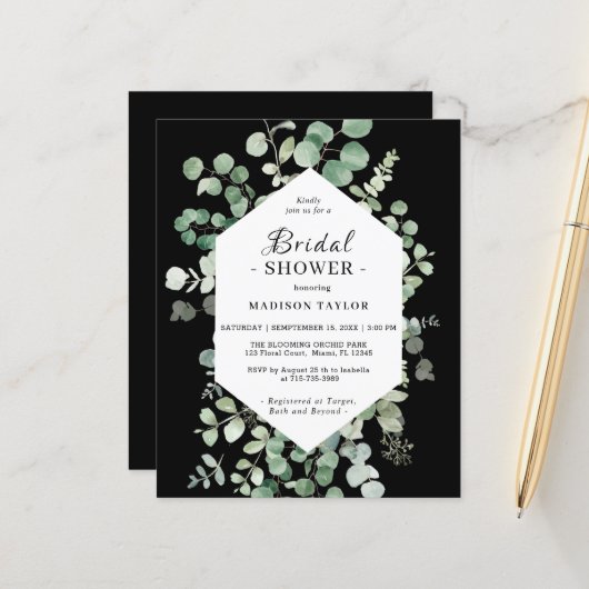 Papier Invitation de mariage au eucalyptus de budget noir (Devant/Arrière en situation)