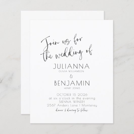 Papier Invitation de mariage blanc noir à script minimal  (Devant / Derrière)